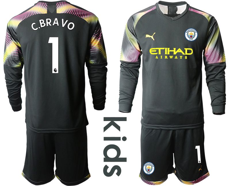 Youth 2019-2020 club Manchester City black goalkeeper Long sleeve #1 Soccer Jerseys->customized soccer jersey->Custom Jersey